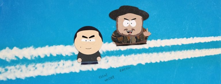 Fatoni und Edgar Wasser als gezeichnete Comicfiguren im Stil der Serie South Park vor blauem Hintergrund