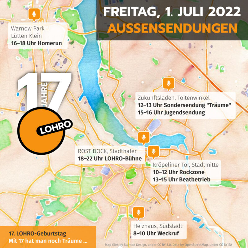 Kartenansicht von Rostock mit Standorten und Zeiten zu Außensendungen am 1. Juli 2022 (17. Geburtstag von Radio LOHRO)