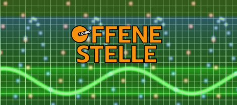Orangener Schriftzug "Offen Stelle" vor grünfarbiger Hintergrundgrafik eines schematisierten Oszilloskopen