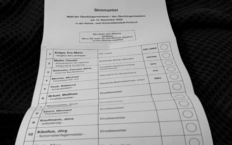 Anschnitt des Stimmzettels zur Oberbürgermeister(in)-Wahl in Rostock 2022