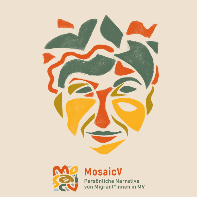 Mosaik-Kopf und Aufschrift "MV Mosaik - Persönliche Narrative von Migrant*innen in MV"