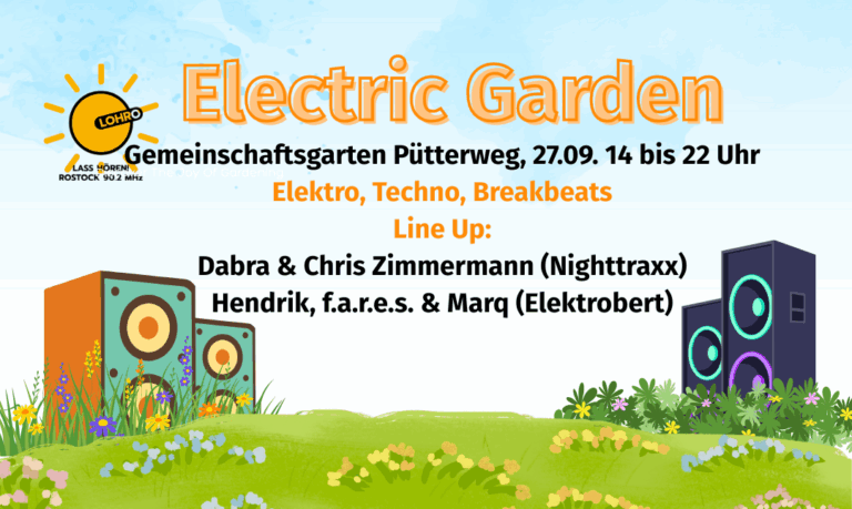 Garten mit Boxen, Blumen und Schrift