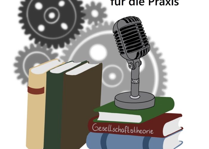 Bücher, Mikrofon und Zahnräder im Hintergrund, dazu Text