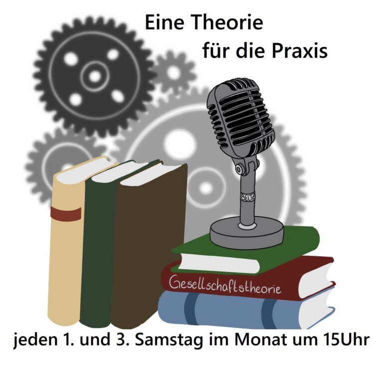 Bücher, Mikrofon und Zahnräder im Hintergrund, dazu Text